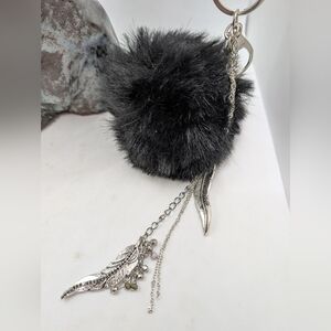 Black Fur Pom Pom Keychain with Silver Feather Charms
